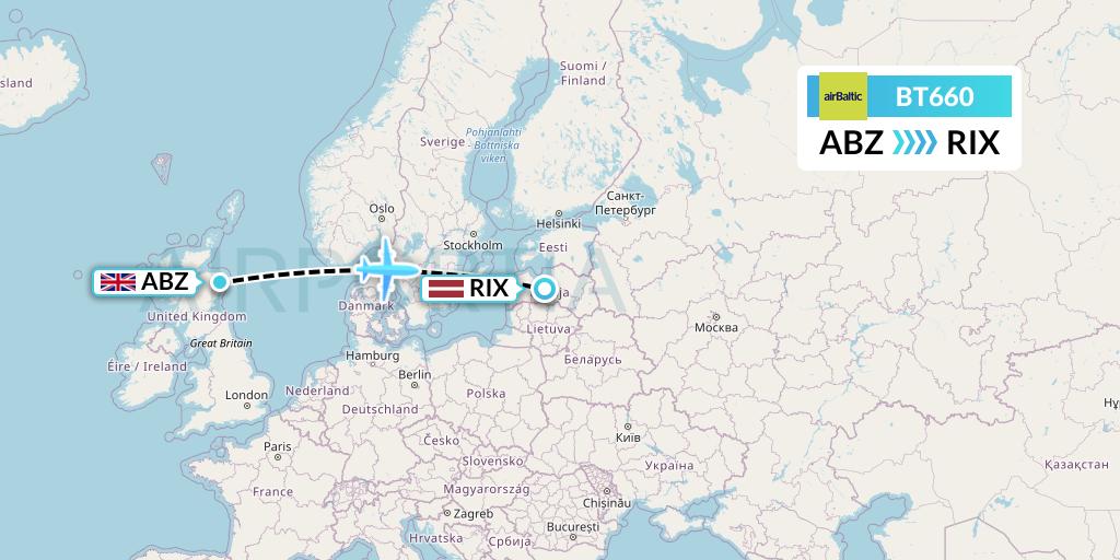 BT660 Air Baltic Flight Map: Aberdeen to Riga