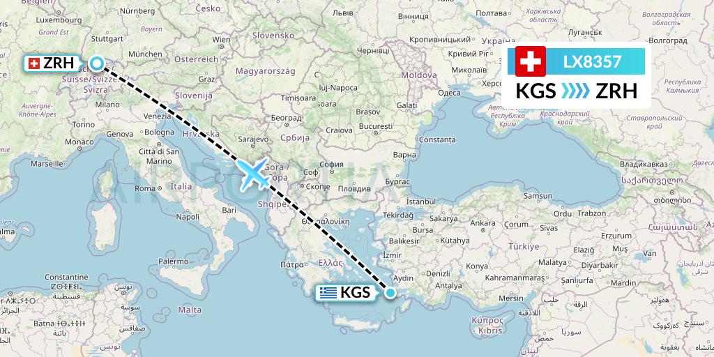 LX8357 Swiss Flight Map: Kos to Zurich