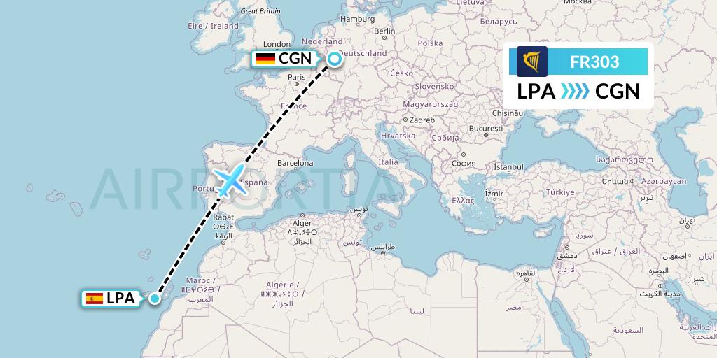 FR303 Ryanair Flight Map: Las Palmas to Cologne