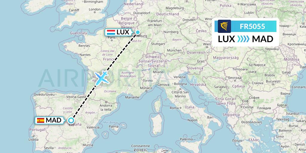 FR5055 Ryanair Flight Map: Luxembourg to Madrid