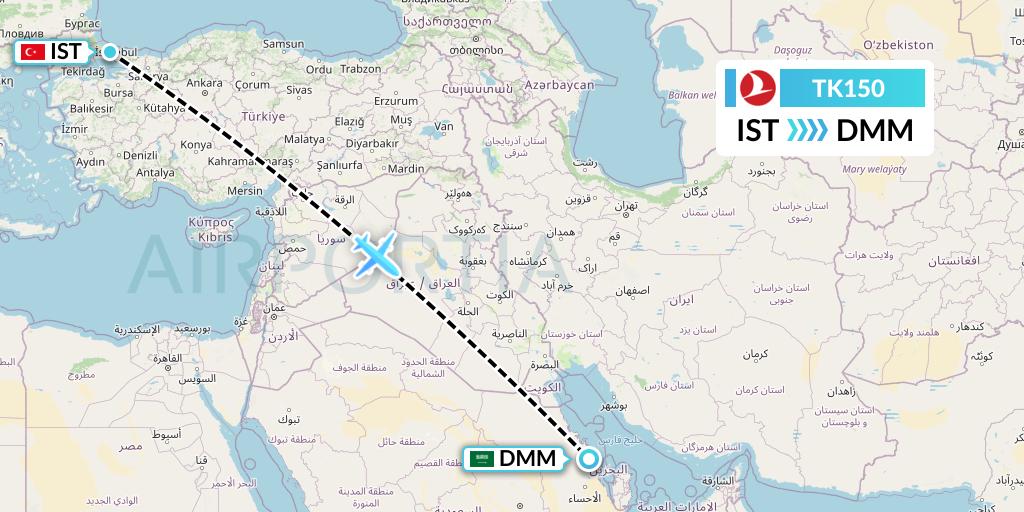 TK150 Turkish Airlines Flight Map: Istanbul to Dammam
