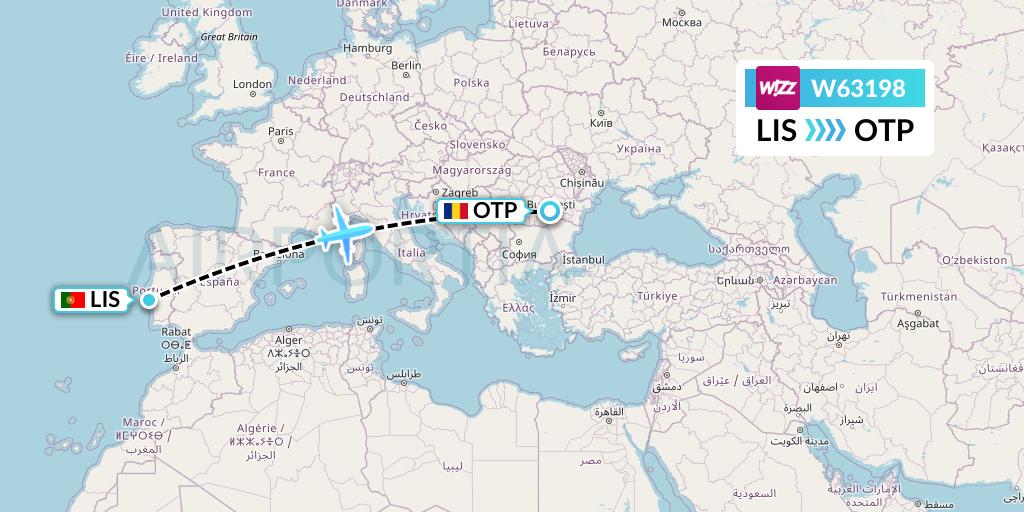 W63198 Wizz Air Flight Map: Lisbon to Bucharest