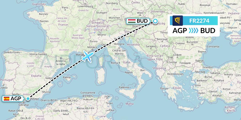 FR2274 Ryanair Flight Map: Malaga to Budapest