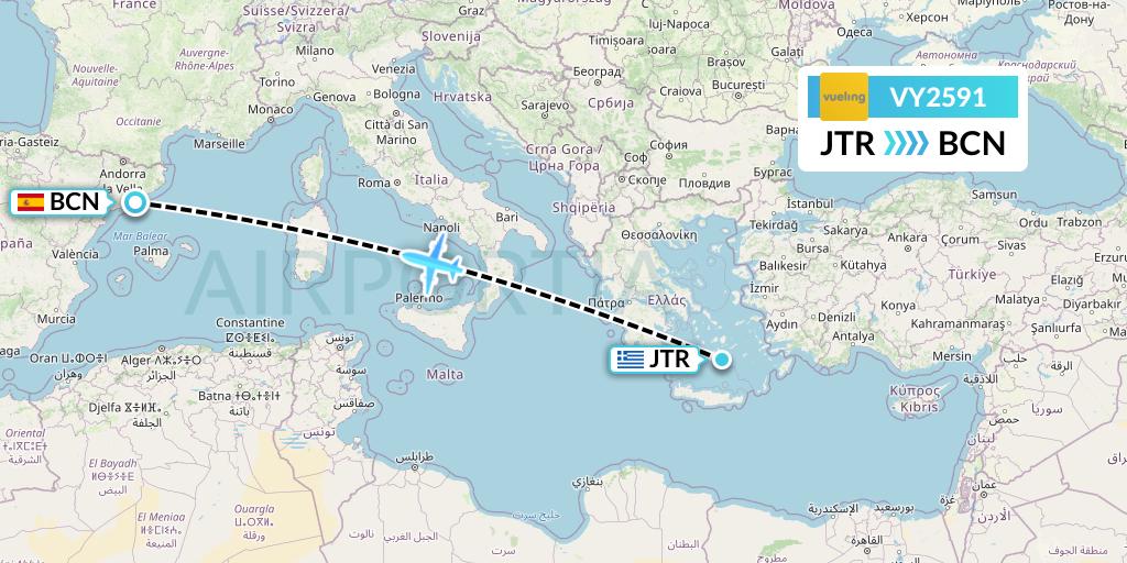VY2591 Vueling Flight Map: Santorini to Barcelona