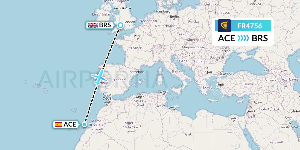FR4756 Ryanair Flight Map: Lanzarote to Bristol