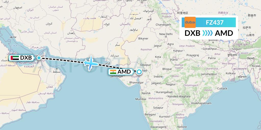 FZ437 FlyDubai Flight Map: Dubai to Ahmedabad