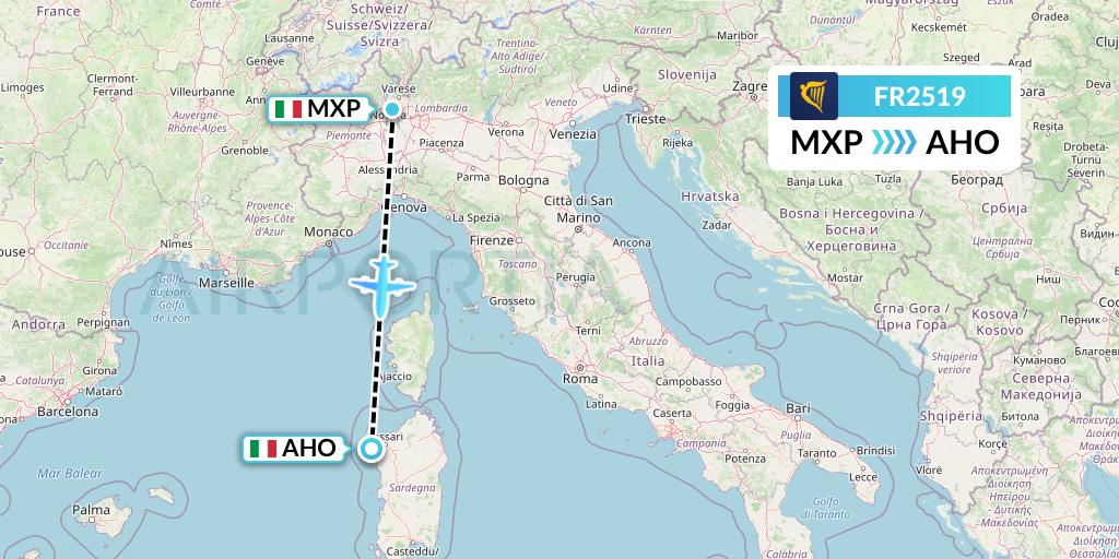 FR2519 Ryanair Flight Map: Milan to Alghero