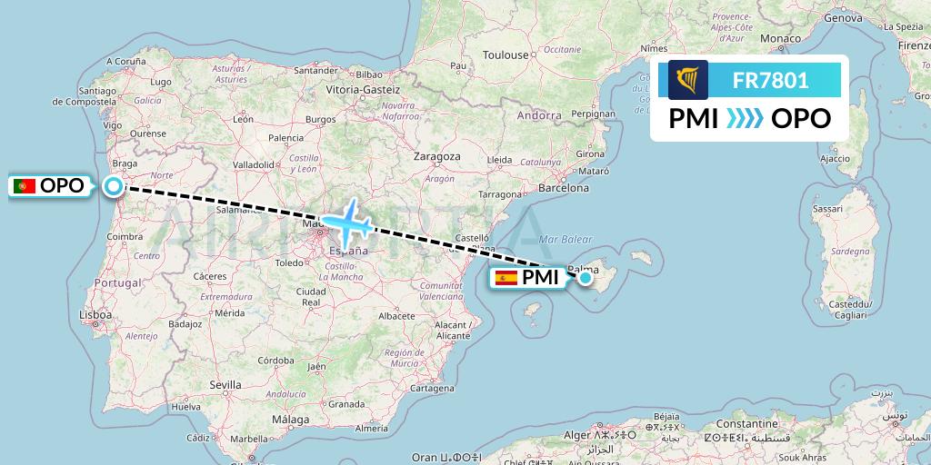 FR7801 Ryanair Flight Map: Palma de Mallorca to Porto
