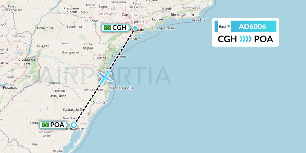 AD6006 Azul Brazilian Airlines Flight Map: Sao Paulo to Porto Alegre