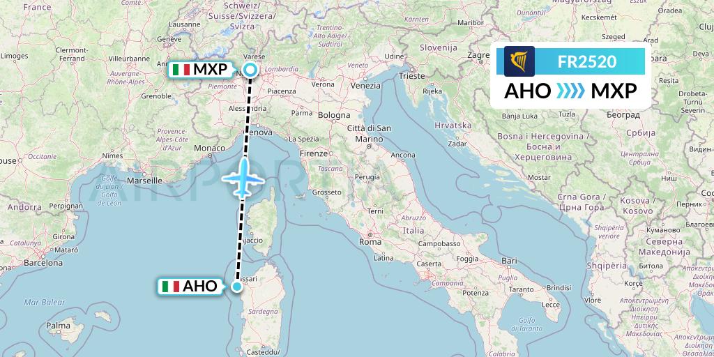 FR2520 Ryanair Flight Map: Alghero to Milan