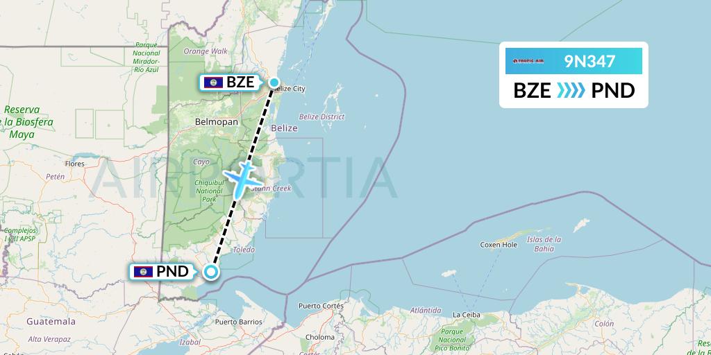 9N347 Tropic Air Flight Map: Belize City to Punta Gorda