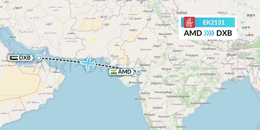 EK2131 Emirates Flight Map: Ahmedabad to Dubai