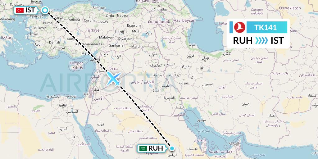 TK141 Turkish Airlines Flight Map: Riyadh to Istanbul