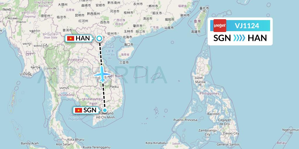 VJ1124 VietJet Air Flight Map: Ho Chi Minh City to Hanoi