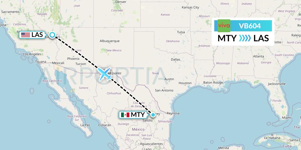 VB604 VivaAerobus Flight Map: Monterrey to Las Vegas