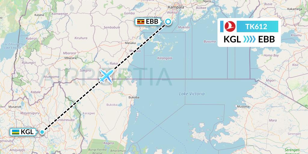TK612 Turkish Airlines Flight Map: Kigali to Entebbe