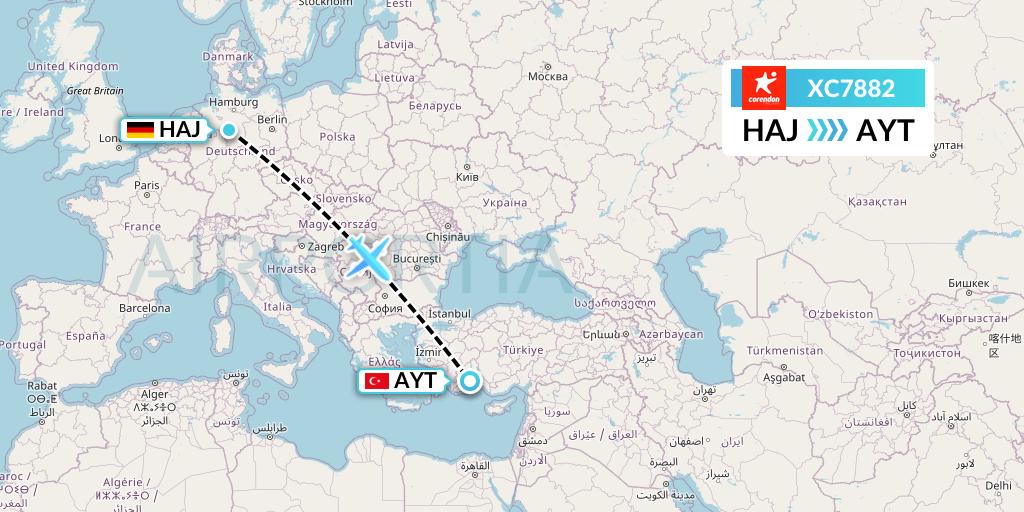 XC7882 Corendon Airlines Flight Map: Hannover to Antalya