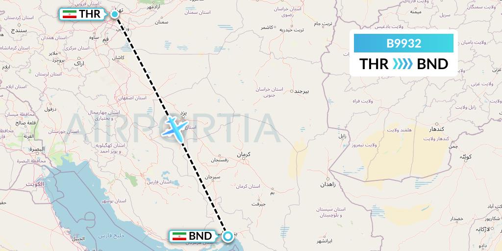 B9932 Iran Air Tours Flight Map: Tehran to Bandar Abbas