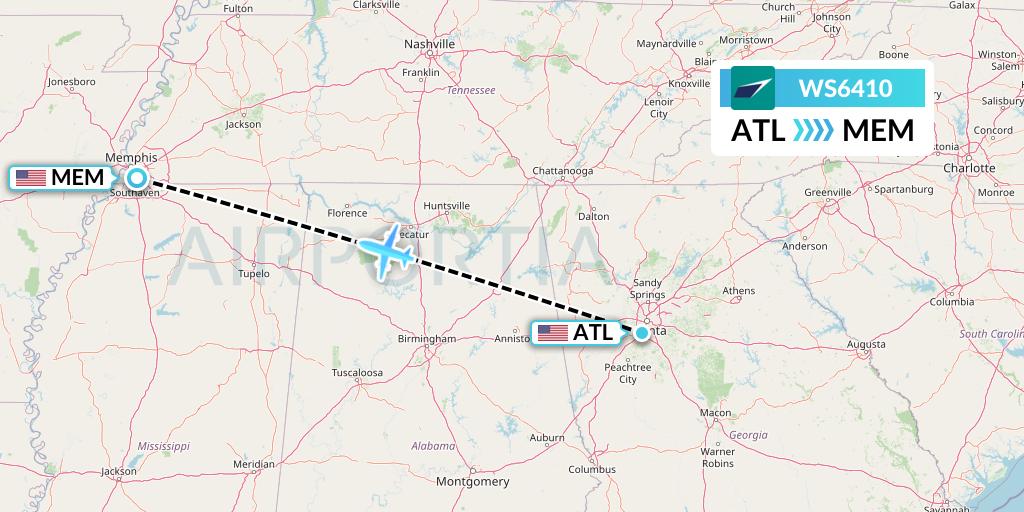 WS6410 WestJet Flight Map: Atlanta to Memphis