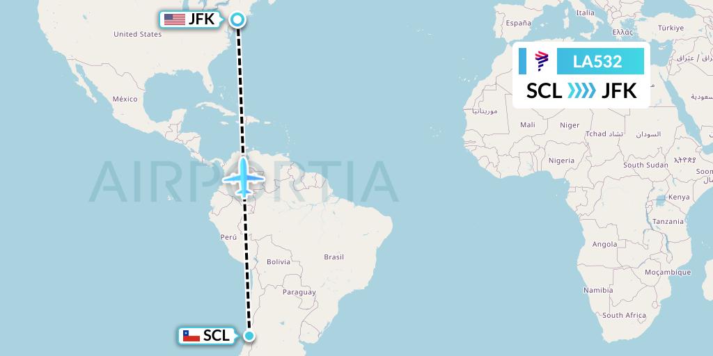 LA532 LAN Airlines Flight Map: Santiago to New York
