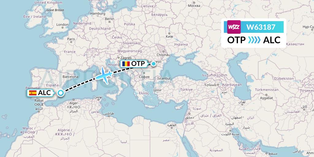W63187 Wizz Air Flight Map: Bucharest to Alicante