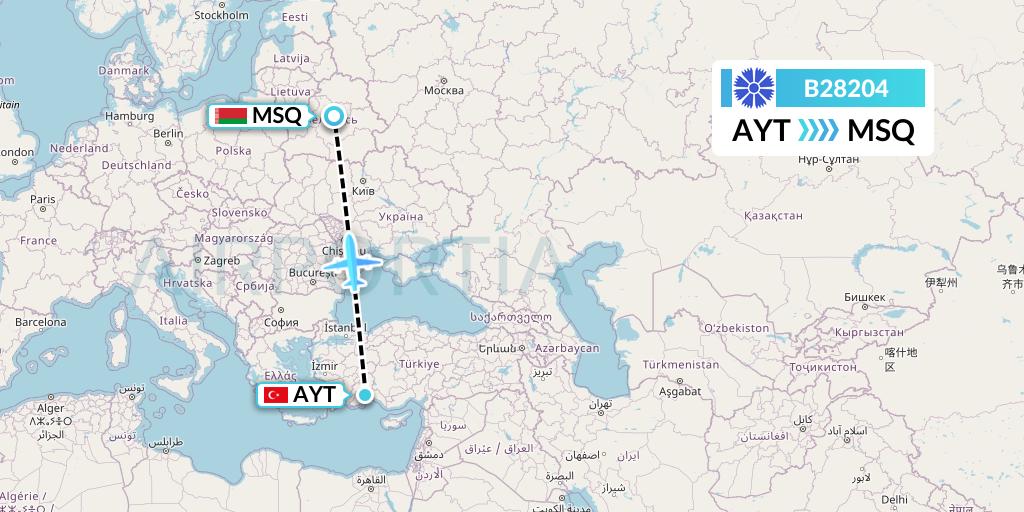 B28204 Belavia Flight Map: Antalya to Minsk