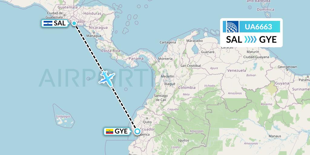 UA6663 United Airlines Flight Map: San Salvador to Guayaquil