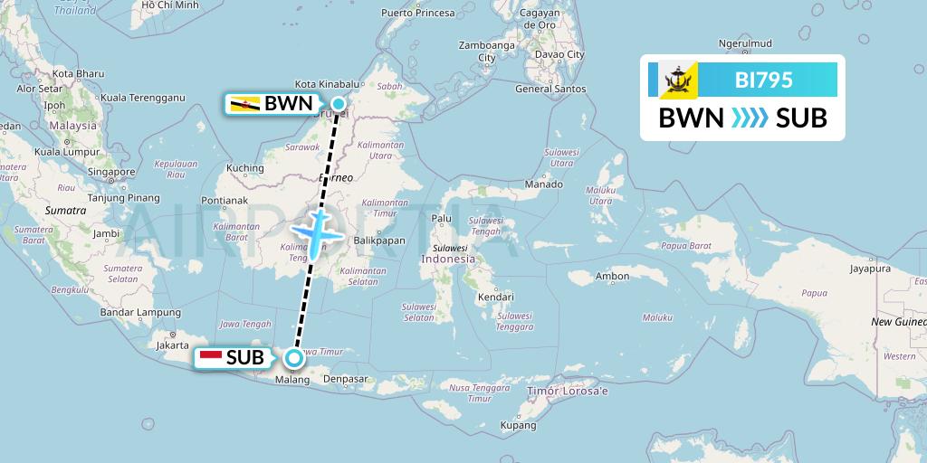 BI795 Royal Brunei Airlines Flight Map: Brunei to Surabaya