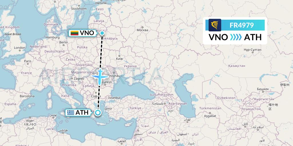 FR4979 Ryanair Flight Map: Vilnius to Athens