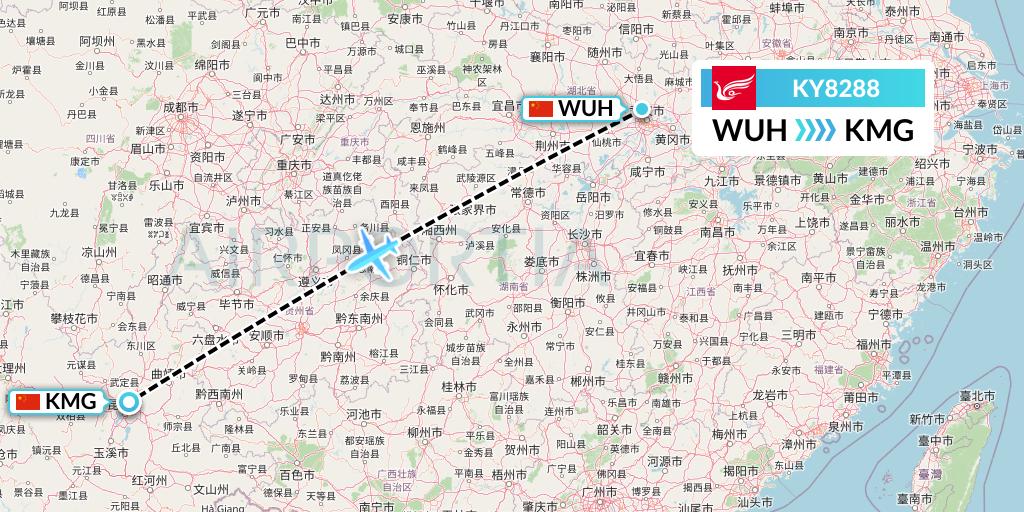 KY8288 Kunming Airlines Flight Map: Wuhan to Kunming