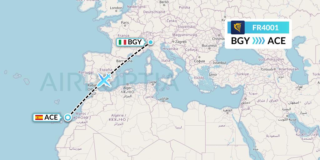 FR4001 Ryanair Flight Map: Milan to Lanzarote
