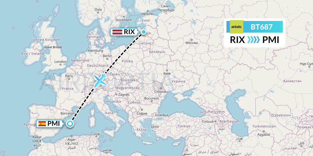 BT687 Air Baltic Flight Map: Riga to Palma de Mallorca