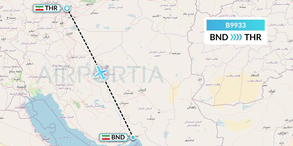 B9933 Iran Air Tours Flight Map: Bandar Abbas to Tehran