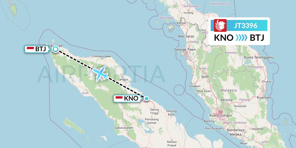 JT3396 Lion Airlines Flight Map: Medan to Banda Aceh