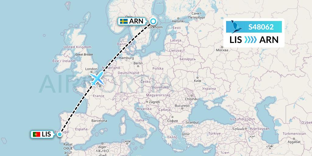 S48062 Azores Airlines Flight Map: Lisbon to Stockholm