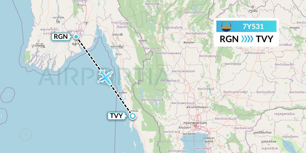 7Y531 Mann Yadanarpon Airlines Flight Map: Yangon to Dawei