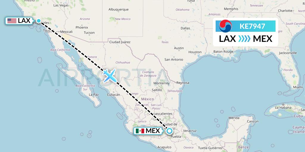 KE7947 Korean Air Flight Map: Los Angeles to Mexico City