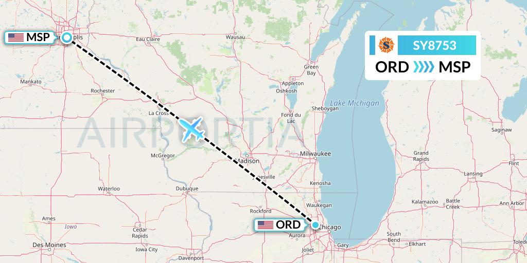 SY8753 Sun Country Airlines Flight Map: Chicago to Minneapolis