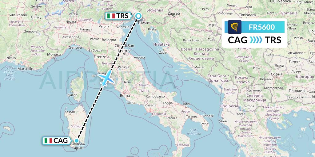 FR5600 Ryanair Flight Map: Cagliari to Trieste
