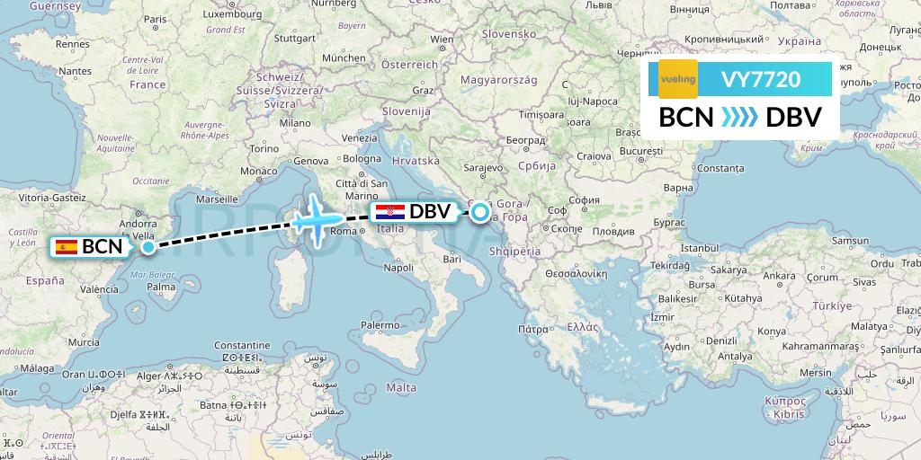 VY7720 Vueling Flight Map: Barcelona to Dubrovnik