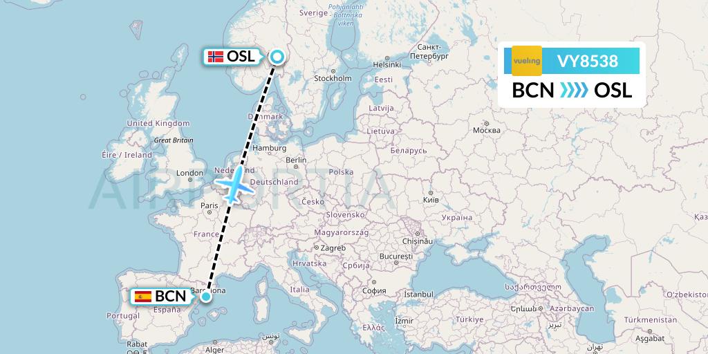 VY8538 Vueling Flight Map: Barcelona to Oslo