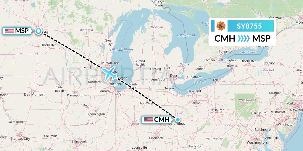 SY8755 Sun Country Airlines Flight Map: Columbus to Minneapolis