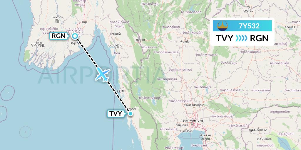 7Y532 Mann Yadanarpon Airlines Flight Map: Dawei to Yangon