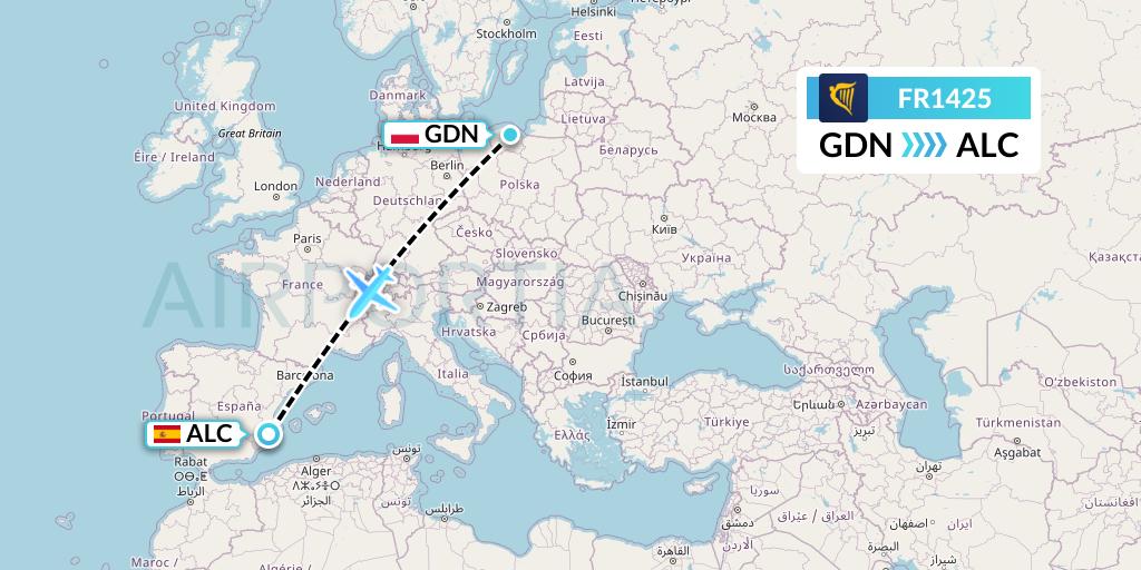 FR1425 Ryanair Flight Map: Gdansk to Alicante