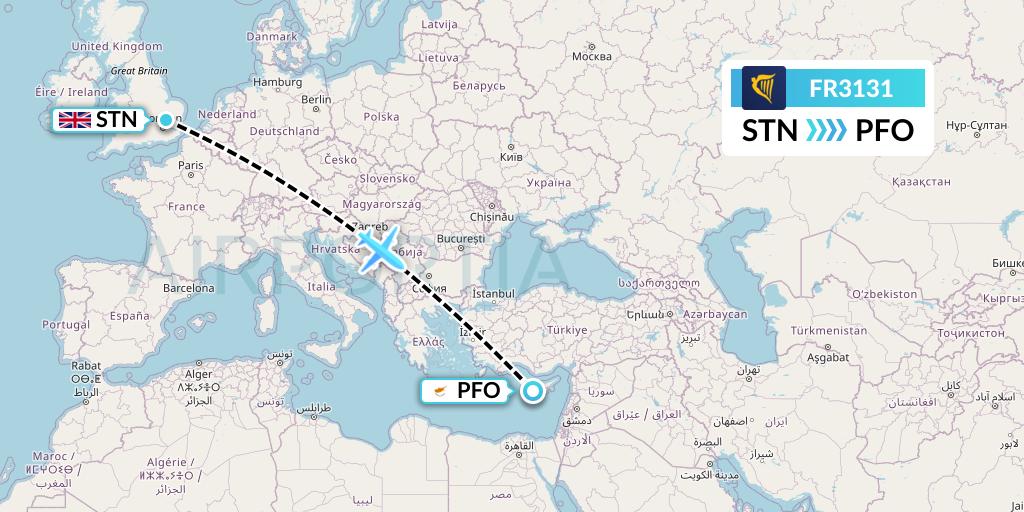 FR3131 Ryanair Flight Map: London to Pafos