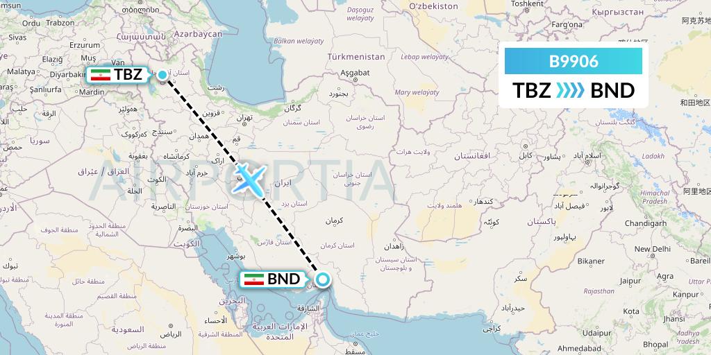 B9906 Iran Air Tours Flight Map: Tabriz to Bandar Abbas