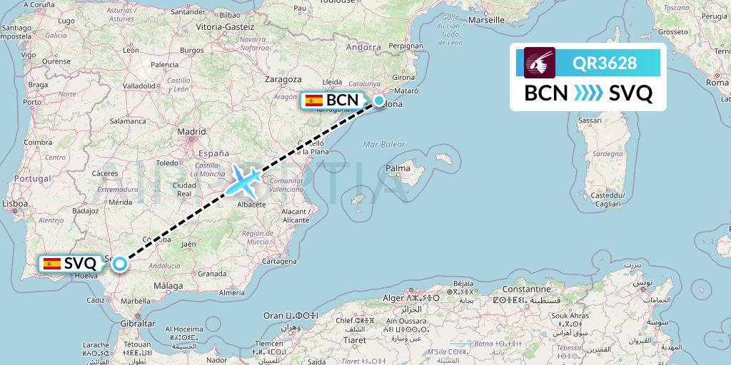 QR3628 Qatar Airways Flight Map: Barcelona to Seville