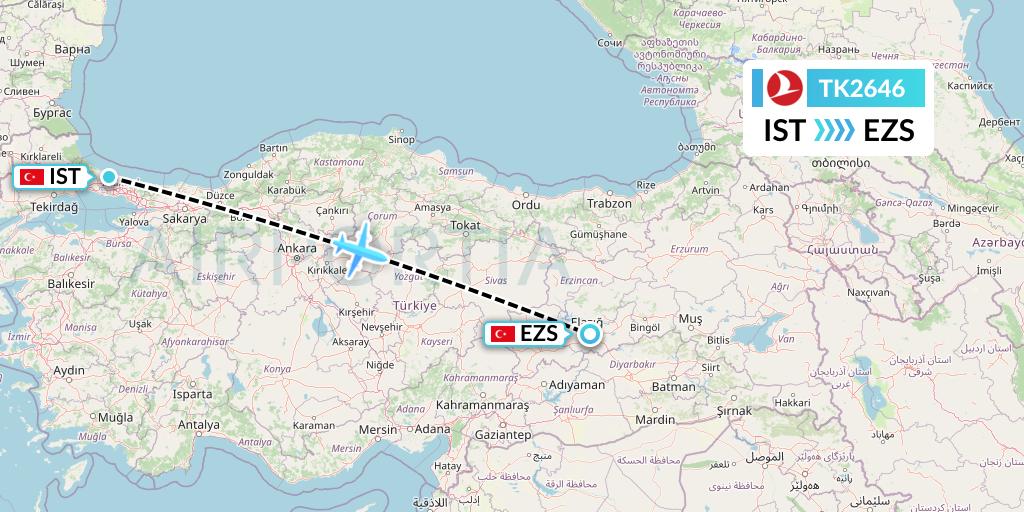 TK2646 Turkish Airlines Flight Map: Istanbul to Elazig