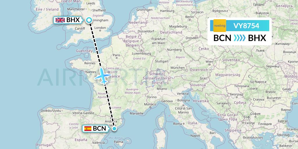 VY8754 Vueling Flight Map: Barcelona to Birmingham