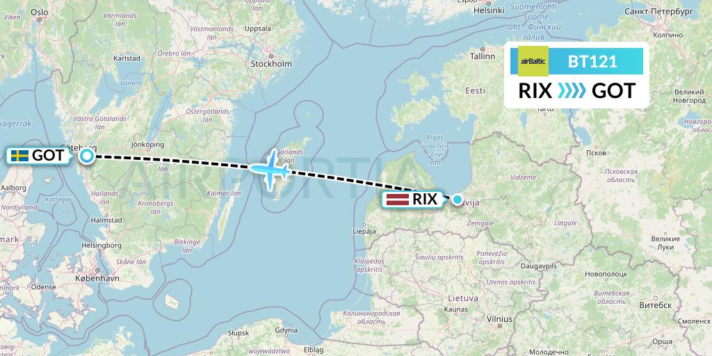 BT121 Air Baltic Flight Map: Riga to Gothenburg